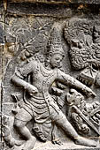 Prambanan - Ramayana reliefs of Shiva Temple. Panels of Rama threatens a bird who stole offerings. 